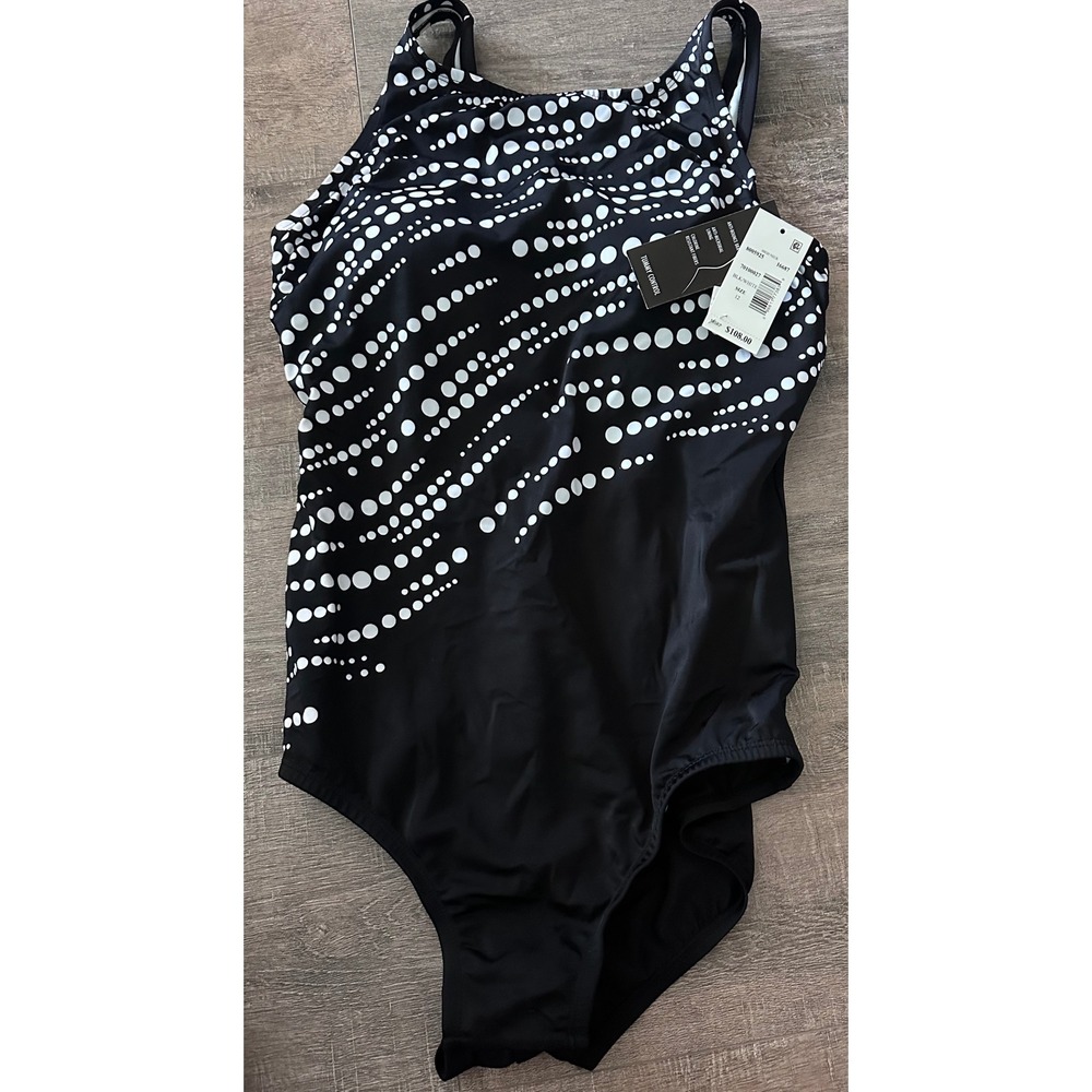 ShapeSolver Sport Penbrooke Black White Dot High Neck Tummy Control Swimsuit 12 - Picture 12 of 12